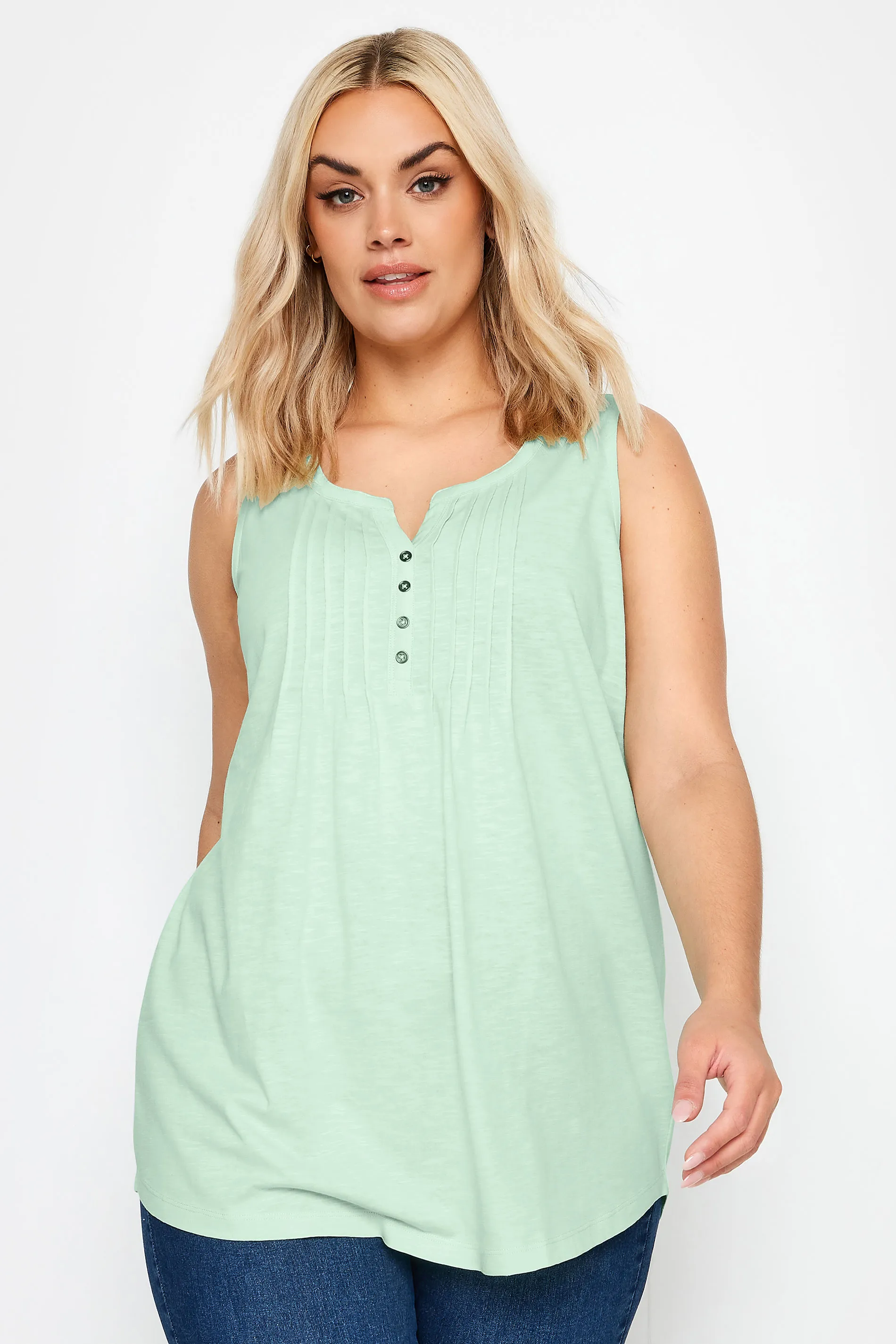 YOURS Curve Light Green Pintuck Henley Vest Top