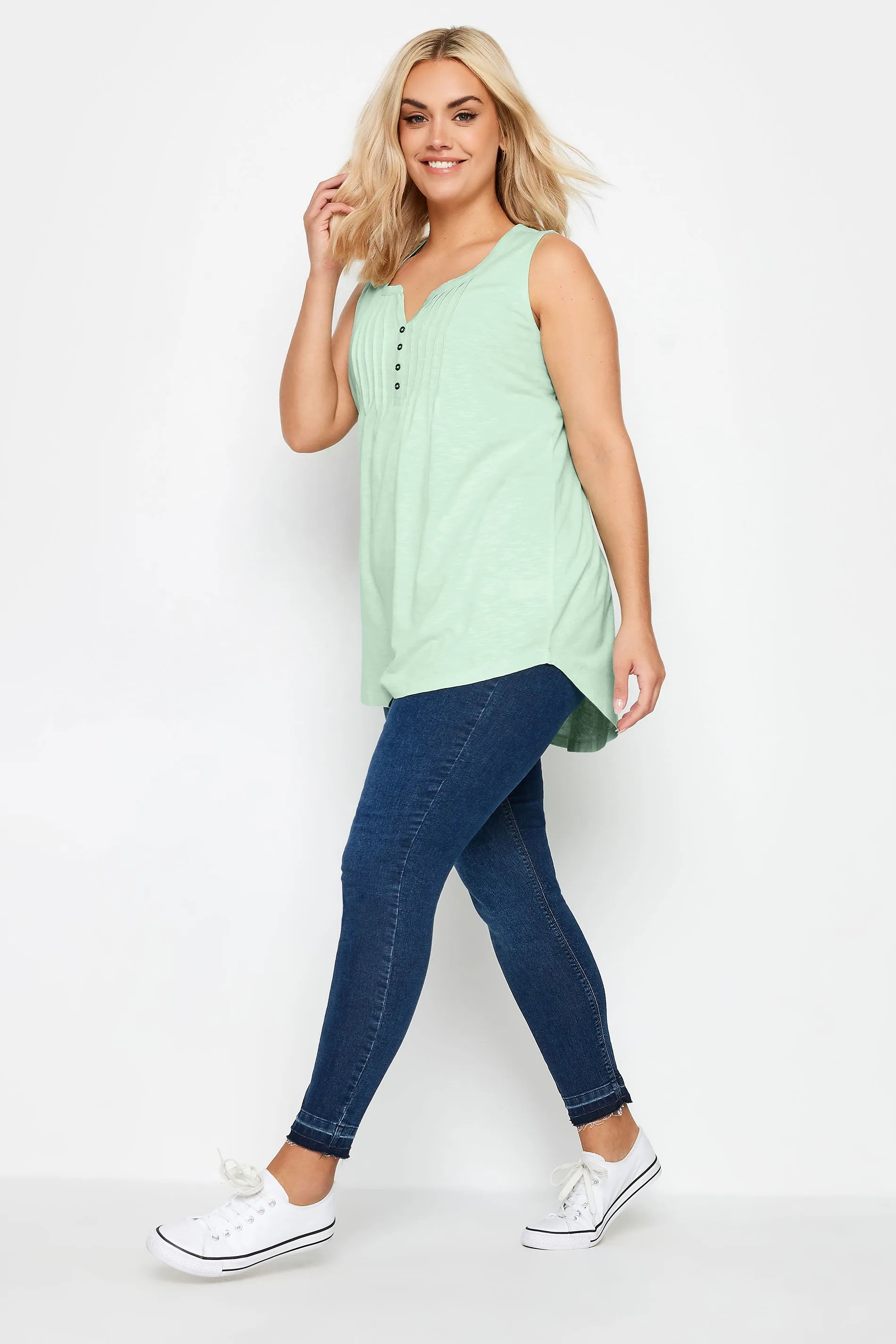 YOURS Curve Light Green Pintuck Henley Vest Top