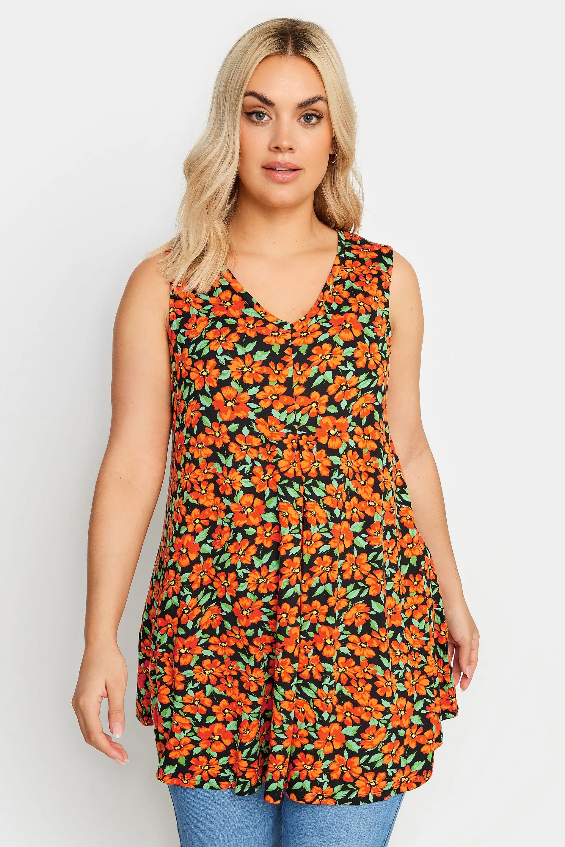 YOURS Curve Orange Floral Printed Swing Vest Top