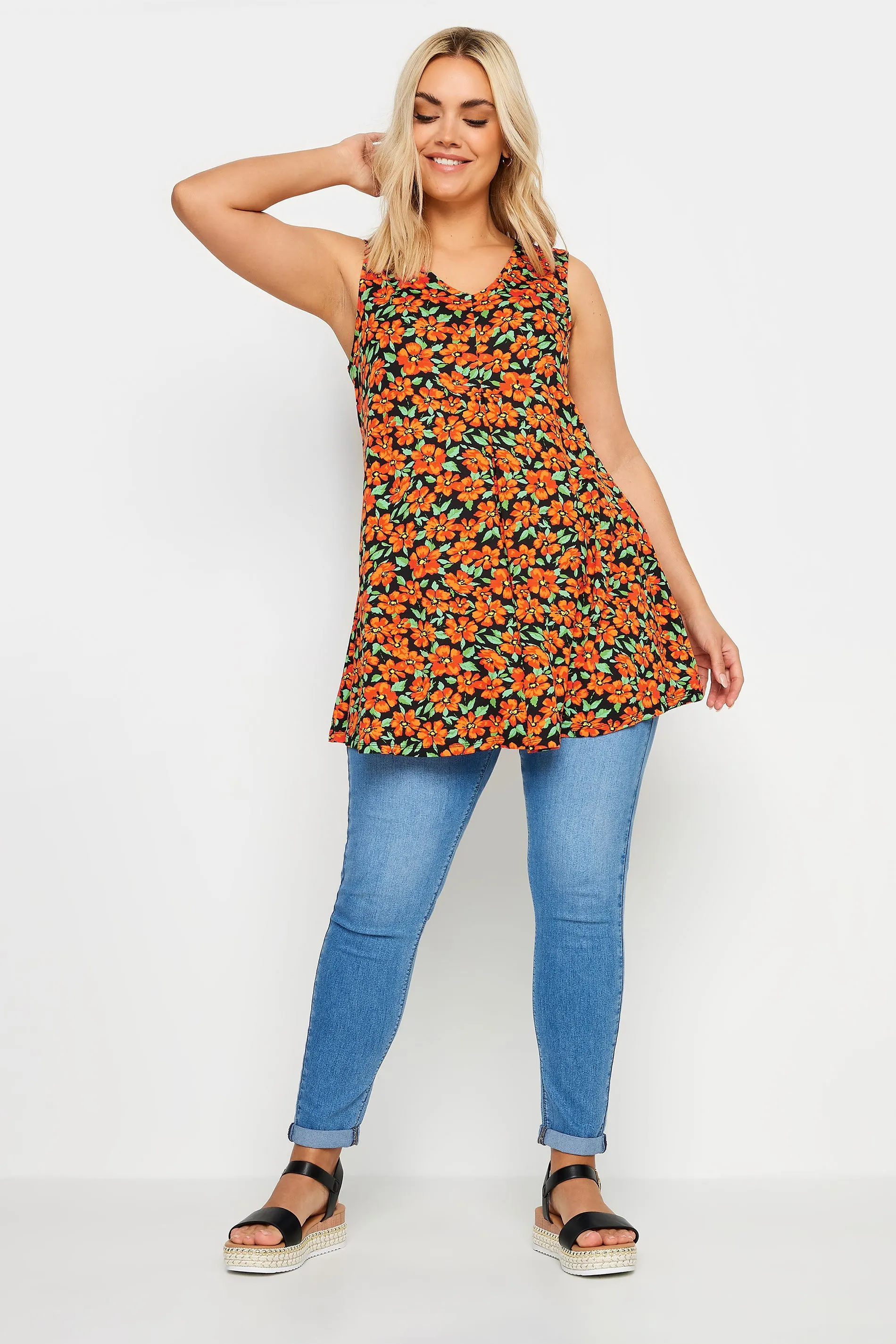 YOURS Curve Orange Floral Printed Swing Vest Top