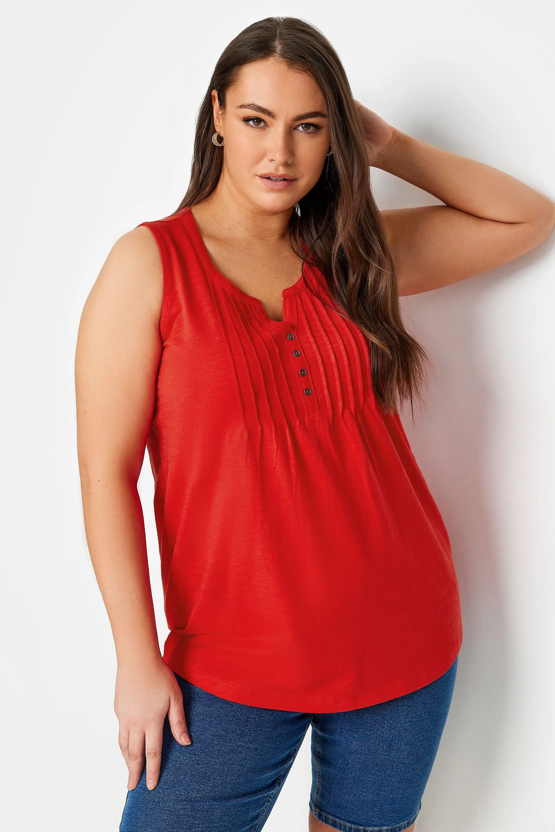 YOURS Curve Red Pintuck Henley Vest Top