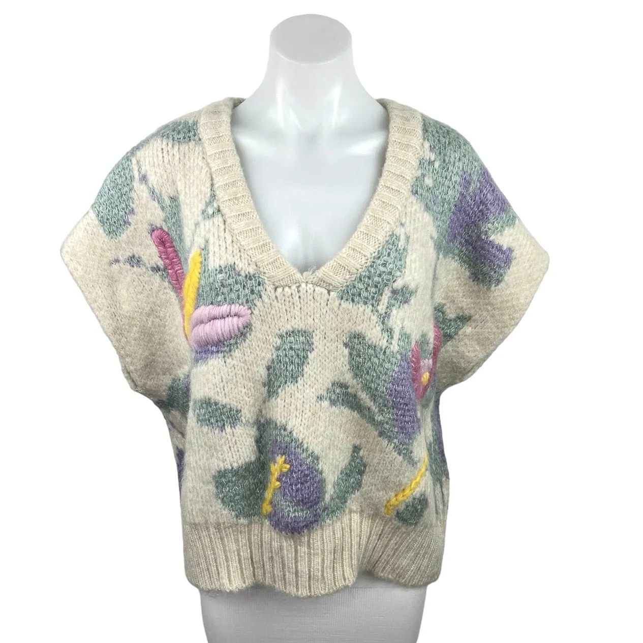 ZARA Multicolor Floral Embroidered Chunky Knit Oversized Cropped Sweater Vest  M