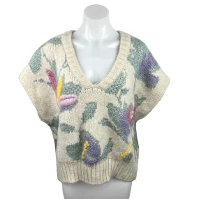 ZARA Multicolor Floral Embroidered Chunky Knit Oversized Cropped Sweater Vest  M