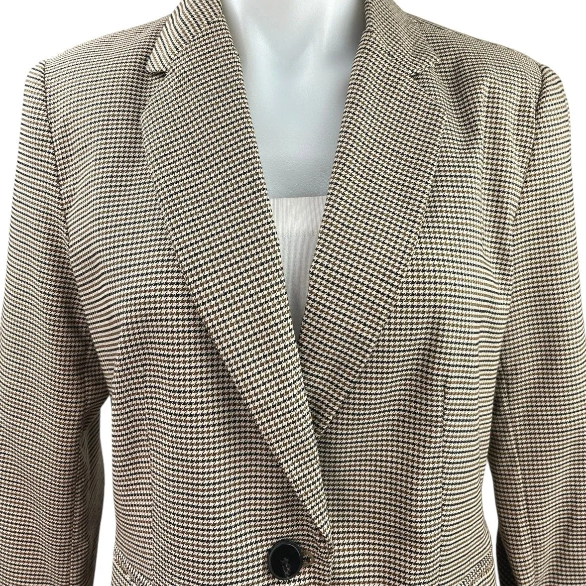 Zara Tan Brown Houndstooth One Button Notch Collar Career Blazer Coat Jacket 8