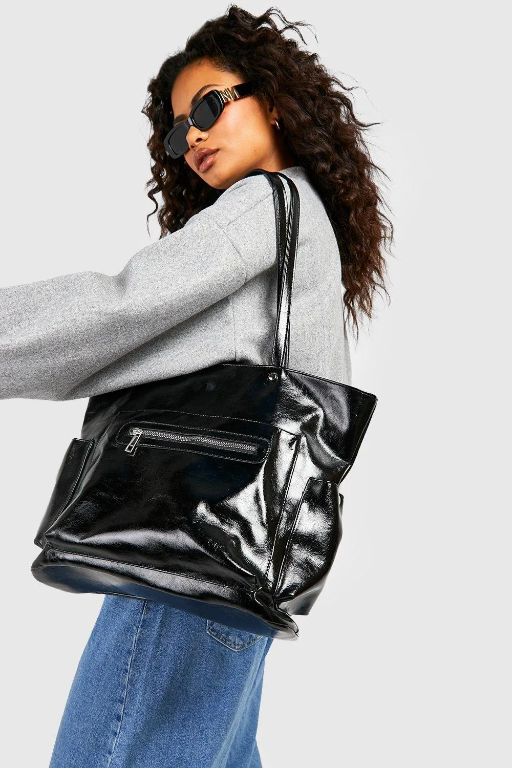 Zip And Stud Detail Oversized Tote Bag